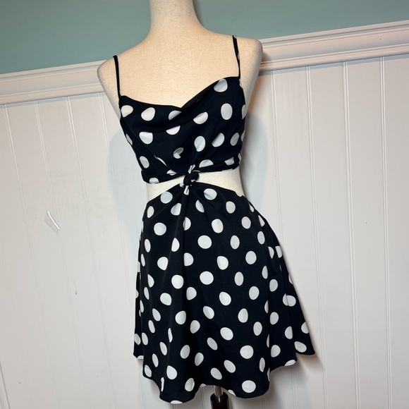 Vici Black Dress with White Polka Dots and Front Cutout - Picture 10 of 15